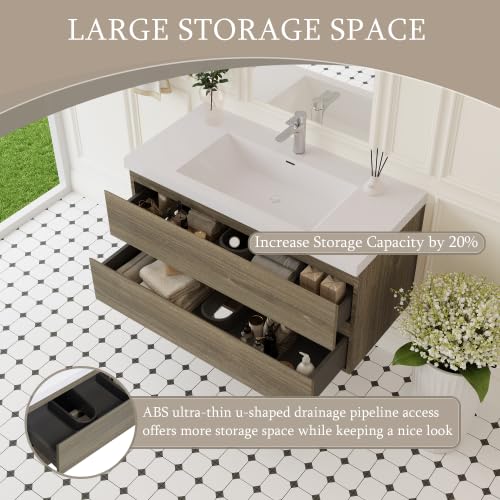 Image of KEIKI 42'' Wall-Mounted Bathroom Vanity with Sink - Floating Design, 2 Soft-Close Drawers & Resin Basin, Space-Saving for Small Bathrooms, Ash Grey