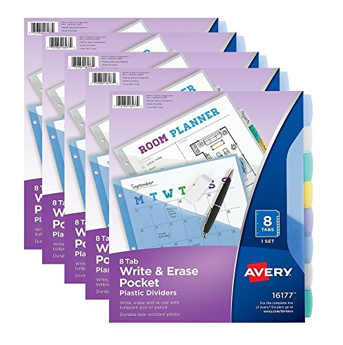 Avery 16177 Write & Erase Big Tab Plastic Dividers w/ Slash Pocket, 8-Tab, Letter, Sold as a 5-pack, 40 Tabs TOTAL