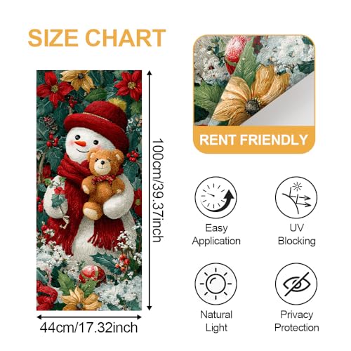 Image of Decorative Window Film 17.32 x 39.37 Inch Snowman Artwork with Teddy Bear and Floral Accents Artistic Window Film for Glass Panels Home Office Studio Display