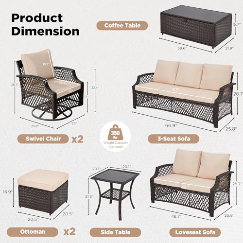 Image of HOMREST 3 Piece Patio Rattan Ottomans Set,Outdoor PE Wicker Footstool w /Removable Cushion, Storage Coffee Table & Multipurpose Footrest Stool for Porch, Poolside, Garden, Deck(Khaki)