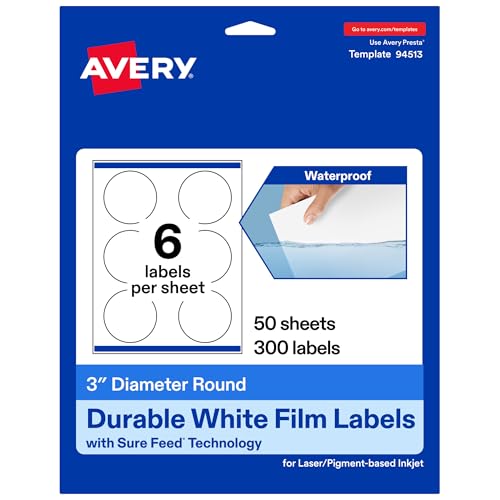 Avery 300 étiquettes rondes blanches imperméables 3 po diamètre