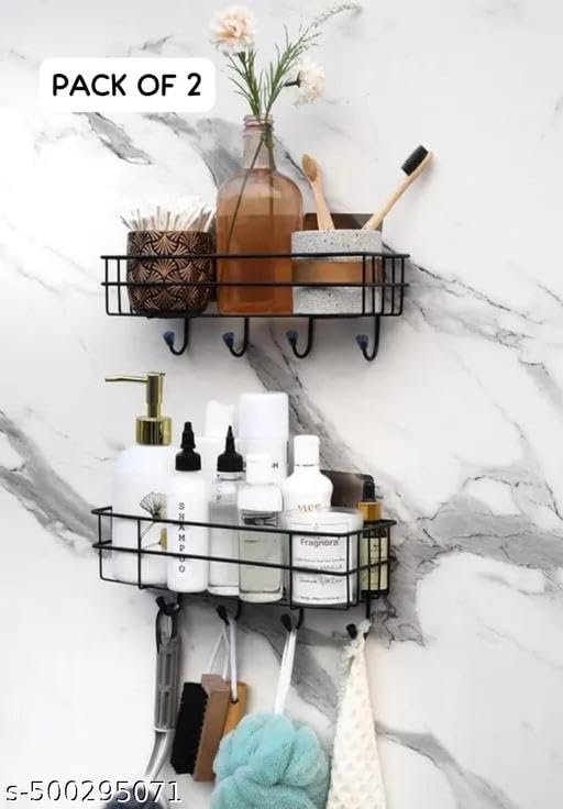 (Pack of 2) Steel Self-Adhesive Multipurpose Bathroom Shelf with Hooks/Towel Holder/Rack/Bathroom Accessories-Wall Mount - Pack of 2 (Black,Powder Coated) 3
