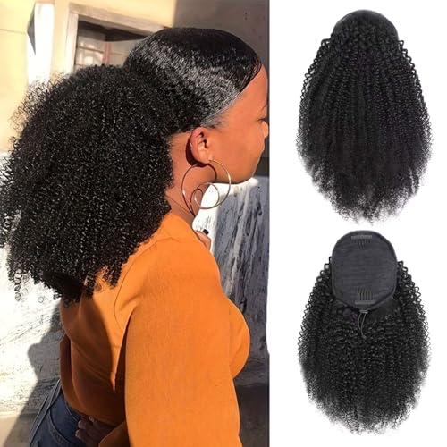 Geogroket Afro Kinky Curly Ponytail Human Hair Brazilian Virgin Hair 4C Afro Puff Drawstring Ponytail Extension for Black Women Natural Color 16 Inch