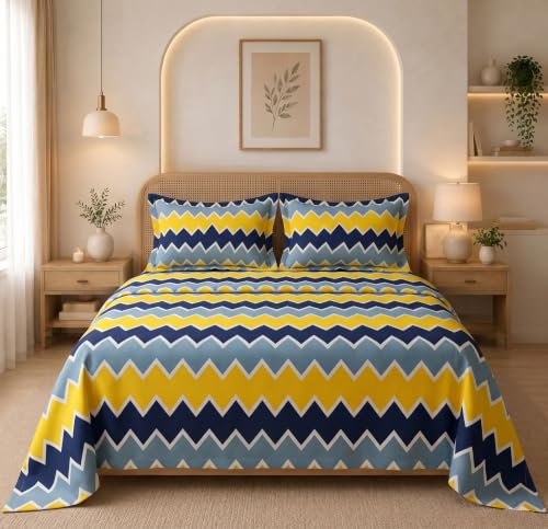 Image of HOMEKART Glace Cotton 160 TC Multi Printed Double Bedsheet with 2 King Size Pillow Covers | Soft & Durable | 86 x 88Inches (Yellow & Grey)