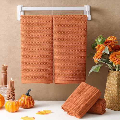 Mindsoft 4 Pack Burnt Orange Hand Towels Waffle Striped Pattern 100% Cotton Soft Hand Towels for Bathroom 13 x 29 Inch Absorbent Coral Orange Waffle Washcloths for Bathroom Kitchen