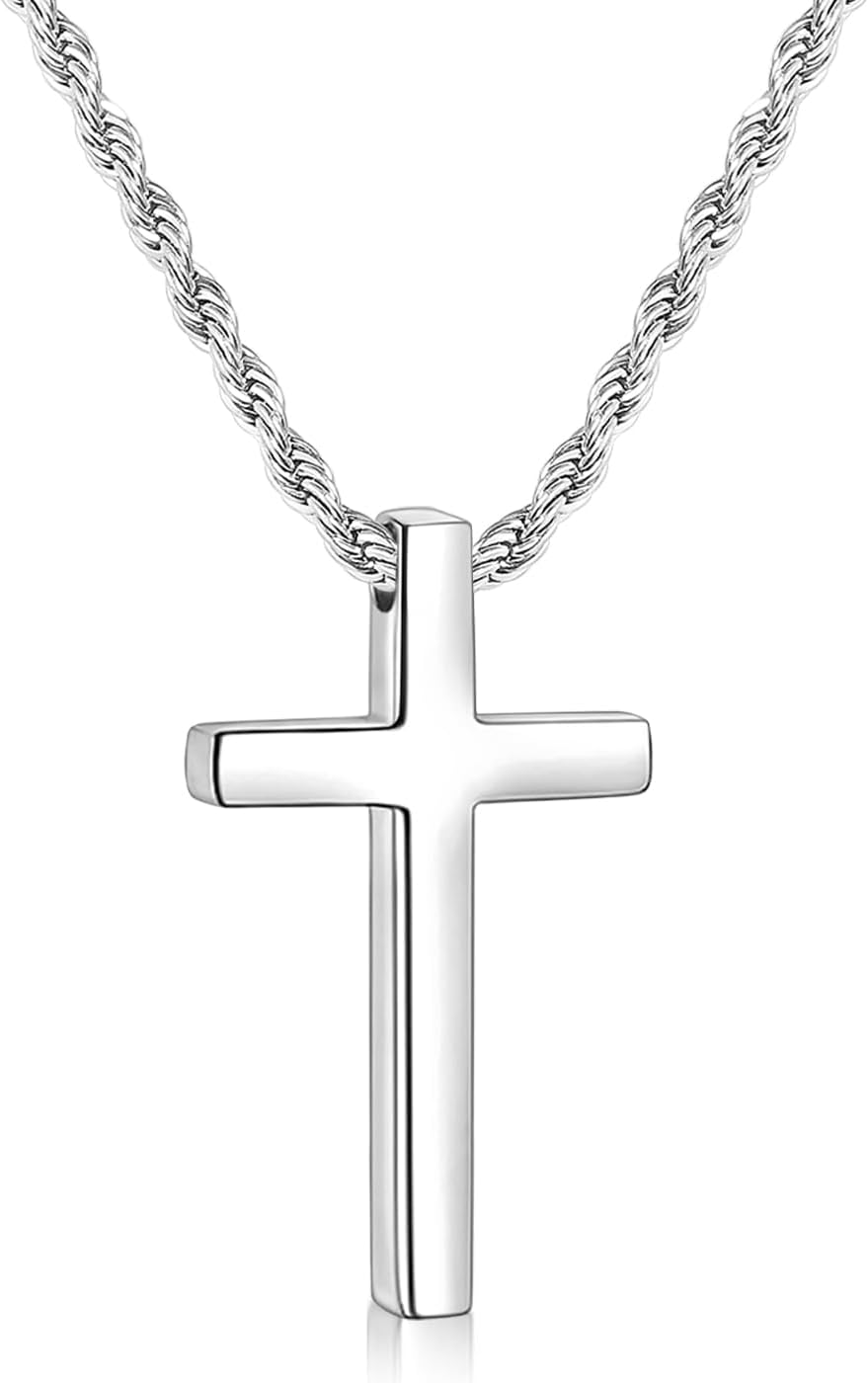 Fiusem Valentines Gifts for Him - Cross Necklace for Men, Mens Cross Necklaces with 2.5mm Rope Chain, Stainless Steel Pendant Chain 16-28 Inch, Jewelry Gift