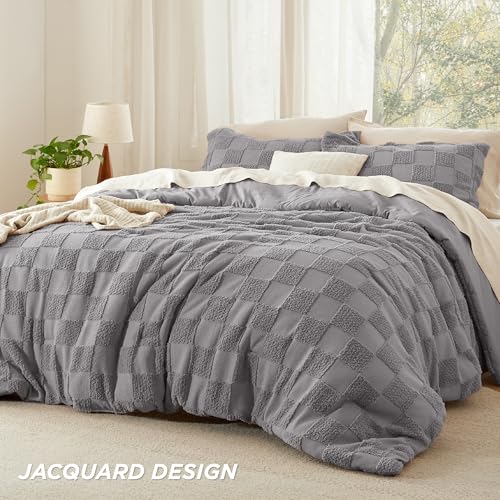 Image of Bedsure Grey King Size Comforter Set, Boho Tufted Bed Set, Checkered Farmhouse-Style Distressed Vintage Bedding, 3 Pieces, 1 Plaid Geometric Comforter and 2 Pillow Shams