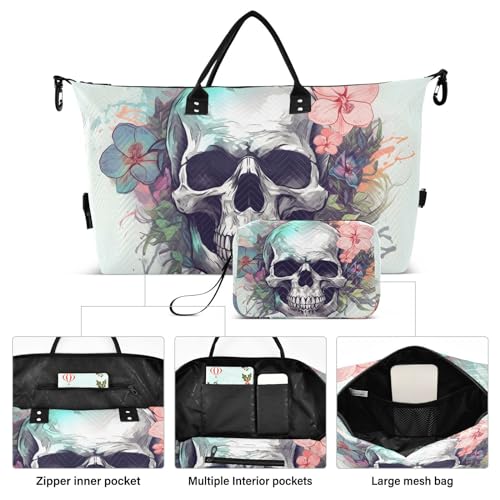 Large Travel Duffel Bag, Beautiful Skull Floral Sports Tote Gym Bag, Shoulder Weekender Overnight Bag for Women Men, Carry On Luggage with Toiletry Bags2