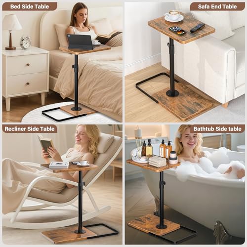 Image of C Table End Table Adjustable Height, 360Swivel TV Tray Table, Upgraded Metal and Wooden Base to Prevent Slipping, Couch Armrest Table Snack Tables for Laptop Sofa Bed Dinner or Small Space(Brown)