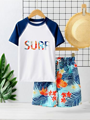 Kids Boys 2Pcs Rash Guard Sun Protection Swimsuit Letter Print Short Sleeve Swim Top and Shorts Set4
