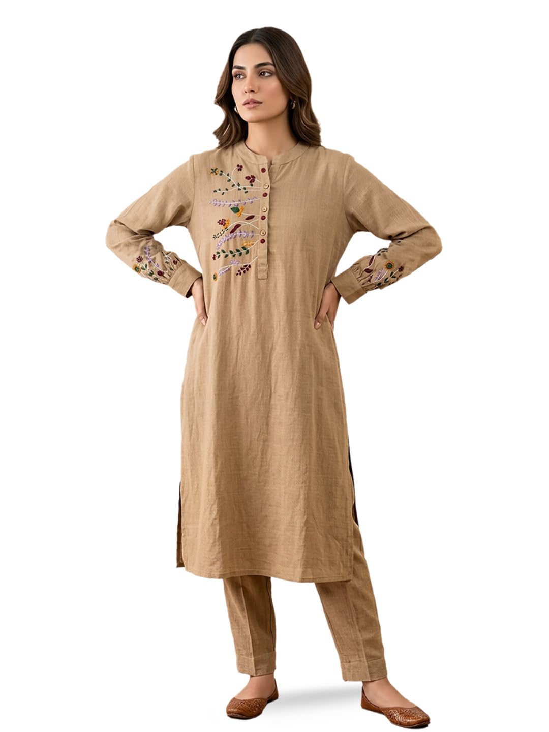 Light Brown Embroidered Work linen Coord Set-picture-24