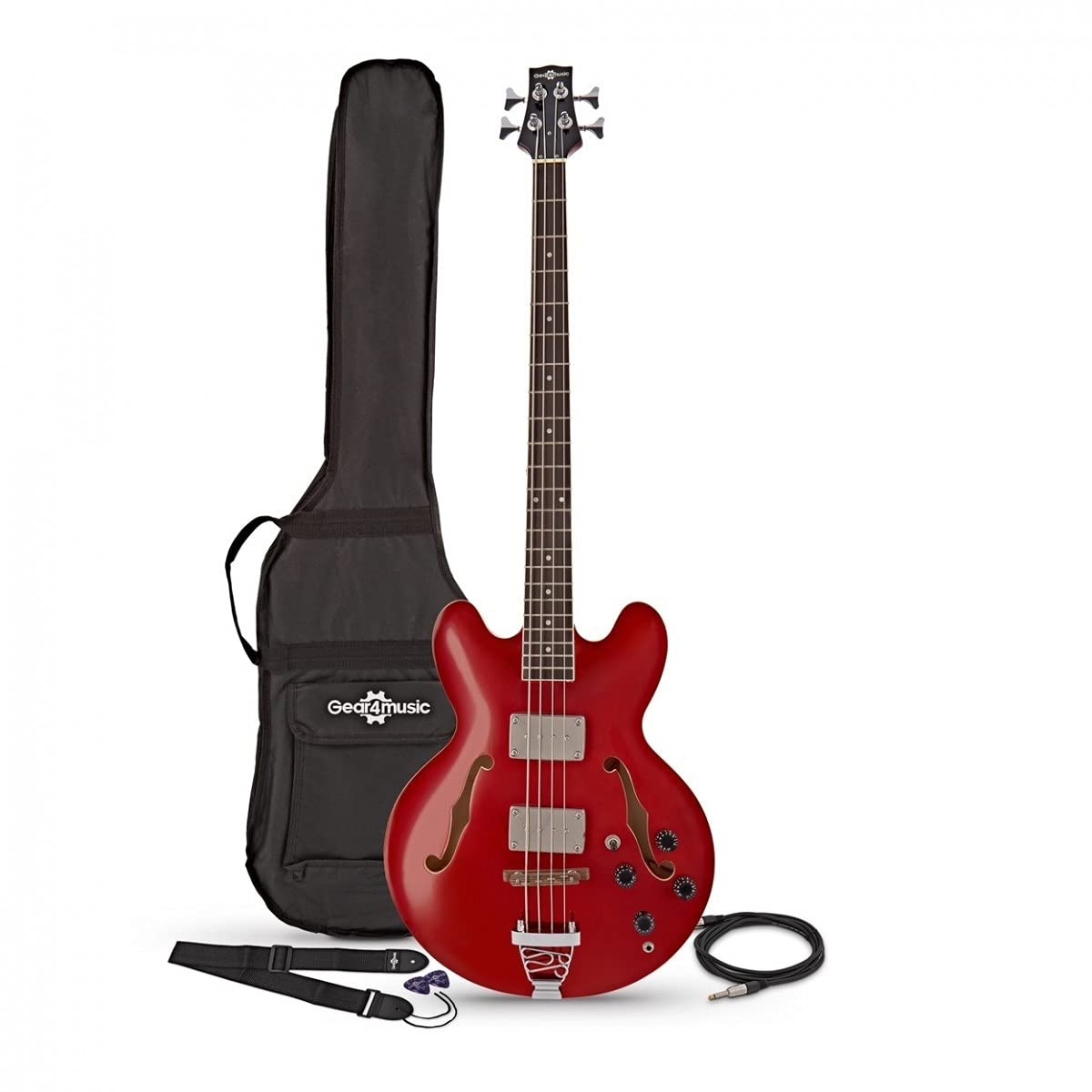 Gear4music Basso Semiacustico San Francisco Wine Red | Design Ispirato agli Anni '60-'70, Corpo a Doppio Cutaway in Wine Red, Due Pickup P90 Single Coil, Custodia e Cavo
