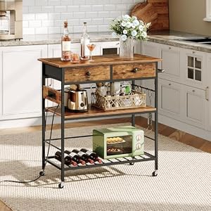 HOOBRO Kitchen Island with Storage, Rolling Island Cart for Kitchen with 2 Drawers & Outlet, 3 Tier Coffee Station and Microwave Stand, Kitchen Island Table for Home, Rustic Brown and Black BF08UZD01 HOOBRO Kitchen Island with Storage Rolling Island Cart for Kitchen with 2 Drawers Outlet 3 Tier Coffee Station and Microwave Stand Kitchen Island Table for Home Rustic Brown and Black BF08UZD01