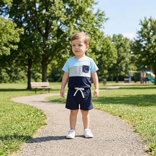Image of Toddler Boy Clothes Baby Summer Outfit Patchwork Tee Shorts 12M-4T | Soft Patchwork Tee, Pocket Shorts With Stretch Waistband, Breathable For Summer Play, Machine Washable