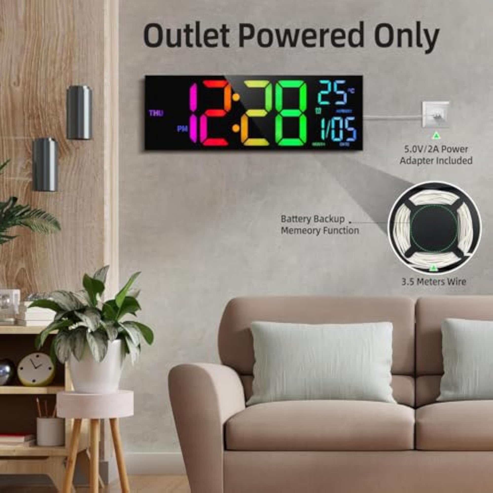 8 Colors Digital Wall Clock with Temperature & Night Light