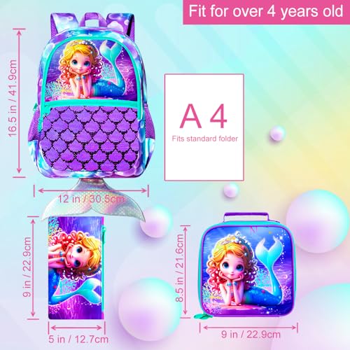 Image of 3Pcs Mermaid Backpack for Girls, 16 inch Sequins Kids Bookbag with Lunch Box, School Backpacks Set for Elementary Preschool Kindergarten(Purple)
