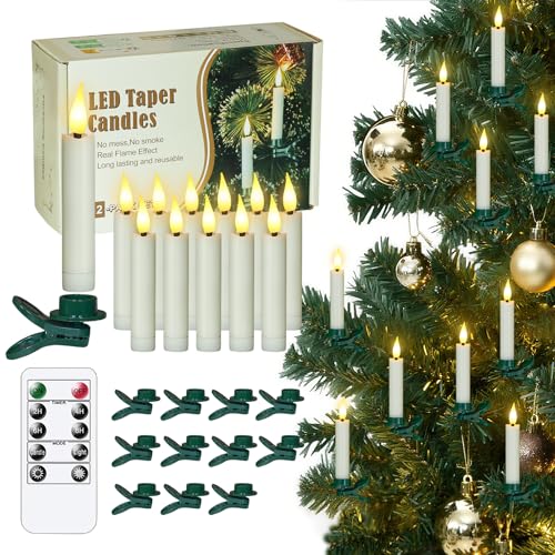 Bryxidor LED Taper Candles 12pcs Flameless Christmas Tree Candles with Flickering, Remote and Timer Fake Clip-on Battery Operated Plastic 1.5cm x9.5cm Candles for Festival Christmas