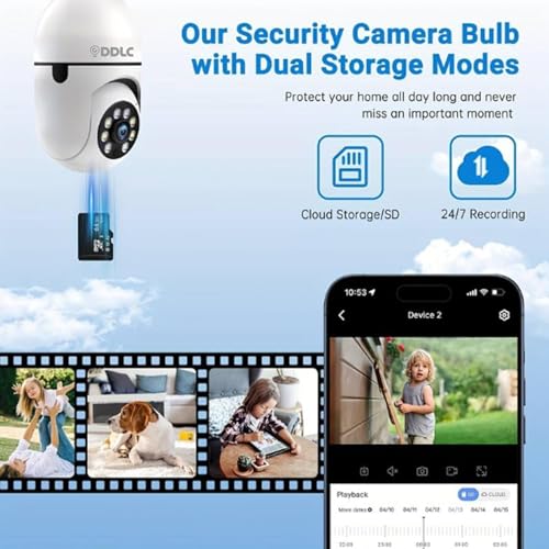 Image of DDLC 3MP WiFi Light Bulb Camera for Home Office Outdoor | 360 Rotation | Color Night Vision |1080p | Motion Detection | Two Way Audio | Wireless Home Security with Mobile App V380 Pro (Light Bulb)