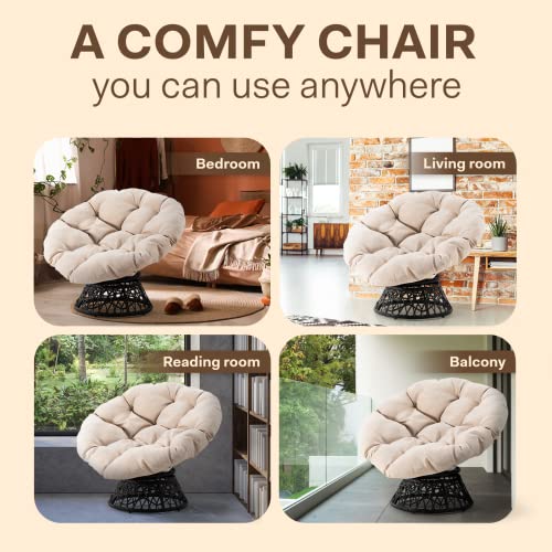 Bme Ergonomic Wicker Papasan Chair With Soft Thick Density Fabric Cushion, High Capacity Steel Frame, 360 Degree Swivel For Living, Bedroom, Reading Room, Lounge, Sepia Sand - Black Base #TOP4