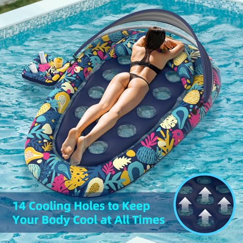 Image of Sunikko X 3-in-1 Pool Floats with Canopy Cup Holder, Tanning Pool Large 73 inch x 48 inch Float Adult Heavy Duty, Inflatable Lounger Raft Floating Chair with Backrest, Swimming Pool Lake Beach Party