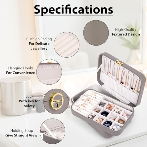 Image of BucketList Large PU Leather Jewellery Organizer Box with Necklace Hooks | Multi-Layer Jewelry Storage Case with Removable Tray & Secure Lock (PU Leather with Removable Tray (Grey))