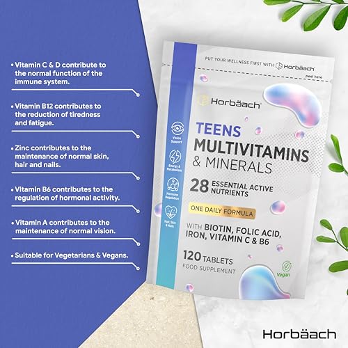 Teen Multivitamin | 120 Vegan Tablets | One-a-Day Formula | 28 Nutrients with Biotin, Folic Acid, Iron, Vitamin C & B6 | Multivitamin Support for Teenage Boys & Girls | by Horbaach - Image 3