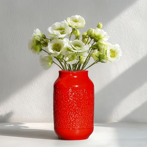Wancetang Red Ceramic Vase for Home Decor - 9 Inch Boho Modern Flower Vase for Pampas Grass Pottery Decorative Vases for Centerpiece Living Room Mantle Bookshelf Table Decor