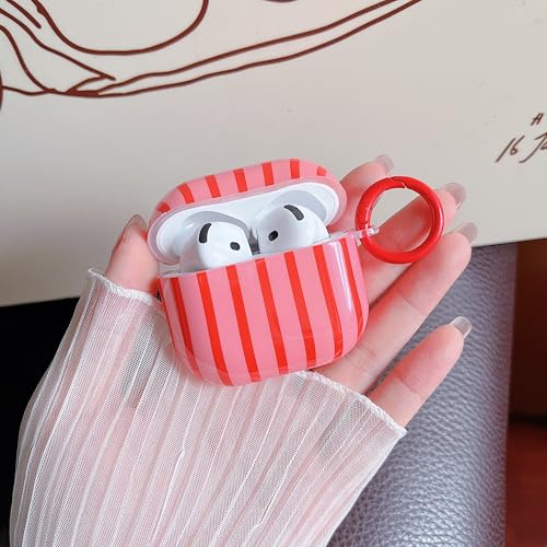 Image of MINSCOSE for AirPods 4 Clear Case,Cute Striped Aesthetic Pattern Design with Girly Keychain Ring,Soft TPU Protective Shockproof Cover with Cleaner Kit for Girls Women for Airpods 4-Dark Pink