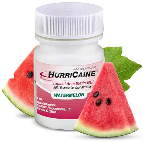 HurriCaine Topical Anesthetic Gel 1oz Fast-Acting 20% Benzocaine for Temporary Relief of Minor Mouth Irritation Caused by Canker Sores Dental Procedures & More - OTC Dye-Free Formula - Watermelon