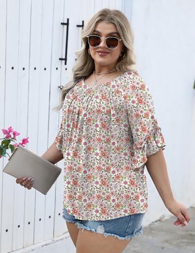 Image of Micoson Womens Plus Size Tops 3 /4 Ruffle Sleeve Crewneck Pleated Shirts