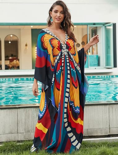Image of KECVOT Kaftan Dresses for Women Plus Size Batwing Sleeve Caftans Long Bathing Suit Cover Up Maxi Beach Dress Loungewear