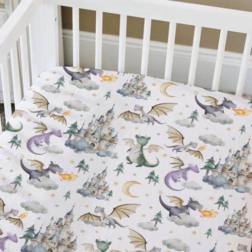 Image of Baby Boy Girl Standard Crib Sheet Covers Dragon Tale Castle, Watercolor Green Moon Cloud Star Tree Snug Fitted Toddler Mattress Sheet, Soft Stretchy Breathable Kid Nursery Bed Decor Gift 52x28