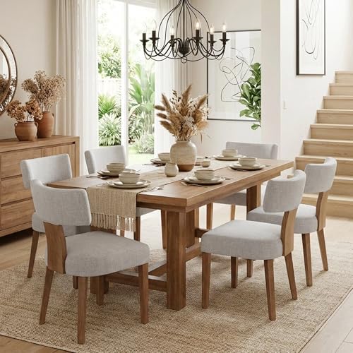Image of HNY Set of 6 Mid Century Modern Dining Chairs, Farmhouse Linen Fabric Upholstered Accent Chair Curved Backrest Kitchen Chairs, with Hardwood Frame, Grey, 6PC