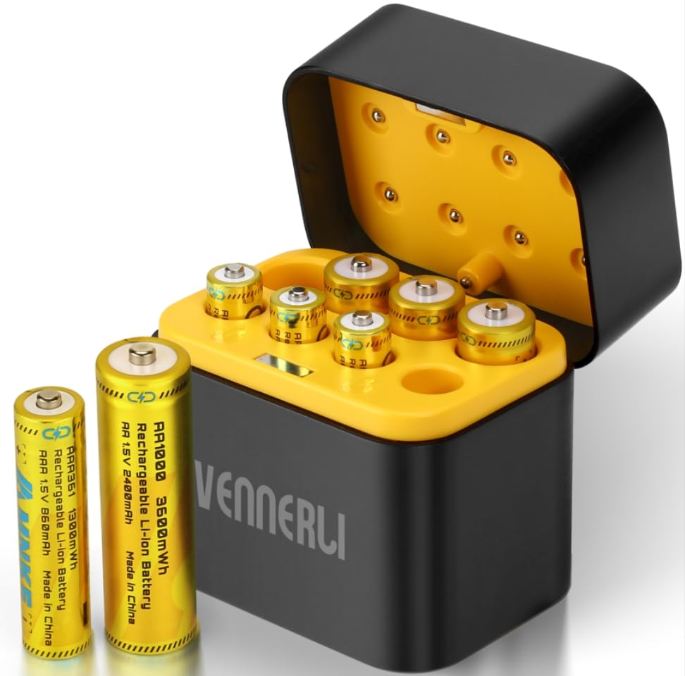 4PCS AA/AAA Rechargeable Lithium Batteries 1.5V Total 8PCS batteries With Magnetic Charger High-Capacity 1000+ Cycles of Use Ultra-Long Lasting Time 3h Fast Charge With LED Charge Indicator 4XAA & 4XAAA Batteries & Charger Case