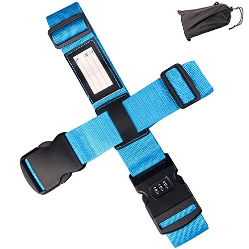 Amaoma Correia de bagagem cruzada correia de segurança para bagagem ajustável alça para malas de viagem com senha de bloqueio para fecho seguro de mala identificar bagagem azul