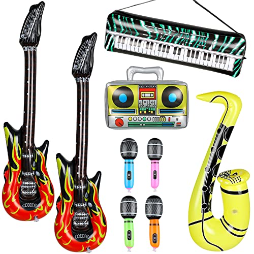 BBTO 8 Pieces Rock Star Toy Set, Retro Inflatable Boombox Inflatable Microphones Inflatable Guitar Piano Saxophone Party Props for Concert Theme 80s Party Decoration Photo Background (Random Color)