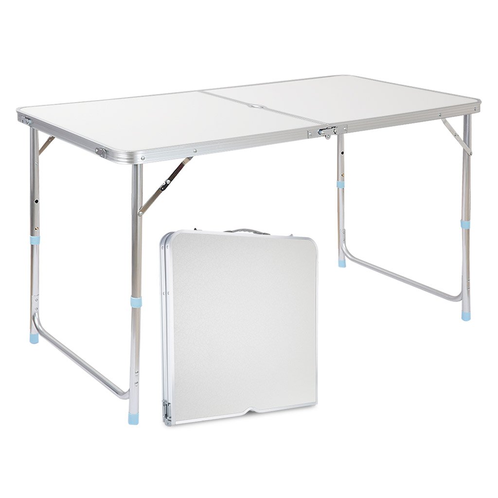 FinetherPortable Folding Table Sturdy and Lightweight Steel Frame Legs, 4 Adjustable Heights feet, for Indoor/Outdoor Use,Camping Picnic, Party Dining, White