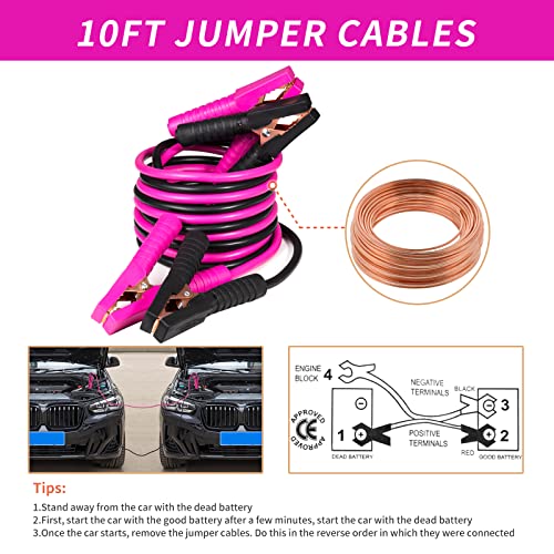 Vioview Roadside Emergency Car Kit, Pink Car Emergency Kit With Jumper Cables (10 Foot), Auto Vehicle Safety Road Side Assistance Kits For Teen Girls And Women's Gifts #TOP2