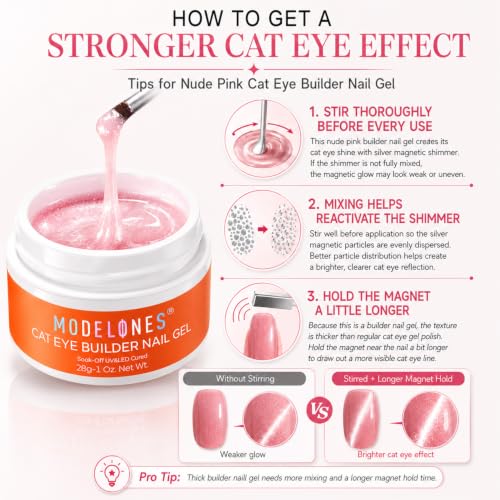 Image of modelones Cat Eye Builder Nail Gel with Magnet, Pink Glitter Magnetic Builder Hard Gel, Pink Shimmer Holographic Jelly Color for Nail Extension Apex Building, Self-Leveling, DIY Salon U V LED Cure 1oz