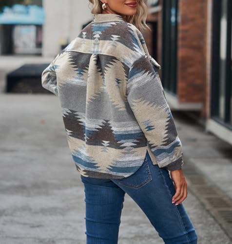 Womens Aztec Coat Fall Outfits Button Down Shirt Jacket Trendy Shacket Casual Loose Overszied Cardigan Outerwear3