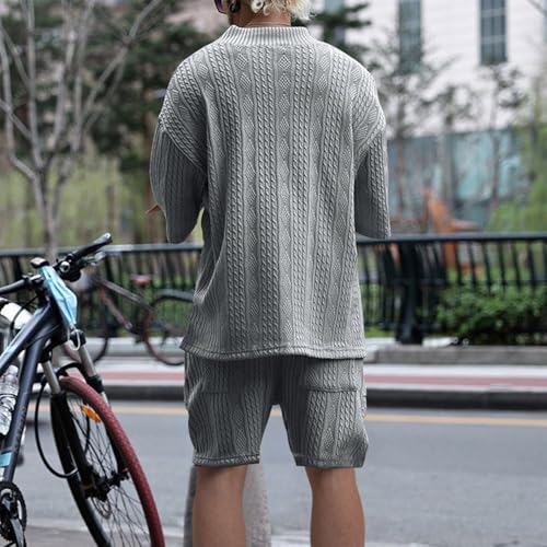 Athleisure Cable Jacquard Set Men,Cable Knit T-shirt Set, Men's V-Neck 3/4 Sleeve Top and Drawstring Shorts 2 Piece4