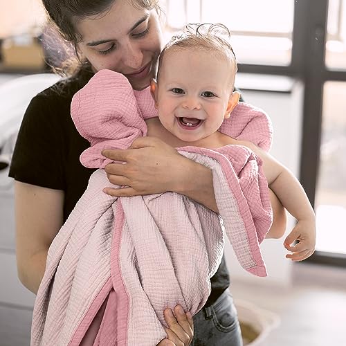 Image of lulumoon Muslin Baby Blanket for Girls: 4-Layer Soft Cotton Toddler Blanket for Daycare - Reversible Lightweight Crib Bedding for Stroller & Travel 47 inchx47 inch(Pink)