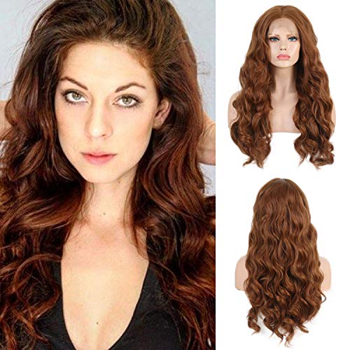 WeiSha 150% Density Auburn Wig Long Wavy Wig For Women 24" Middle Parting Synthetic 13x4 Lace Front Wigs With Natural Hairline Body Wave Wig Heat Friendly Fiber Wig Warm Reddish Brown Wig (24 Inches)