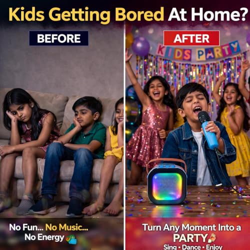 Image of Rechargeable Karaoke Mic with Speaker for Kids | Wireless Mini Portable Bluetooth Speaker, Microphone & LED Lights, Birthday Gift, Multicolor