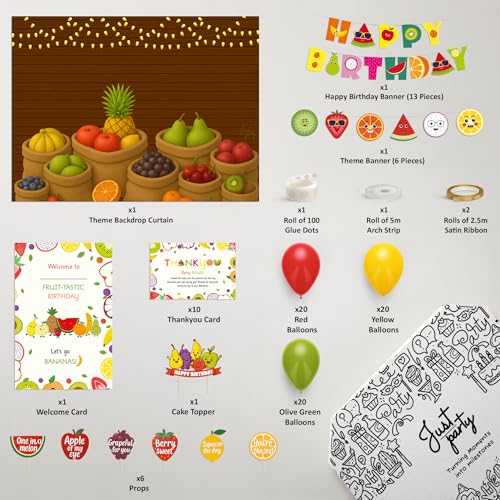 Image of Just Party Fruits Theme Party Decoration - 100 pcs Happy Birthday Decoration Kit for Kids | Fruits Theme Birthday Decoration Items for Boys & Girls |Includes Balloons, Backdrop Curtain, Props, Banners