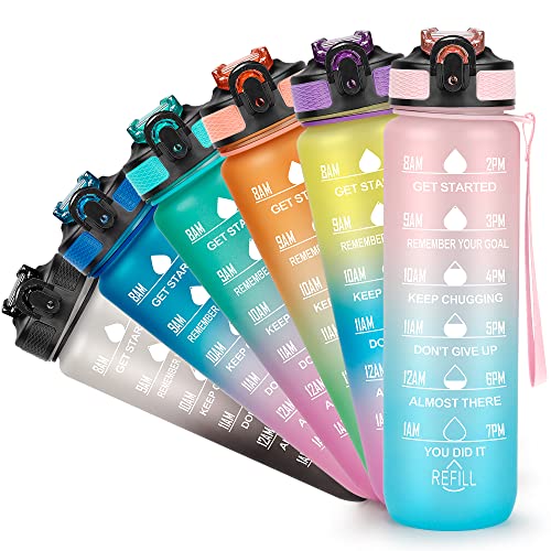 YC Kitchen 1 Liter Motivierende Trinkflasche mit Zeitmarkierungen, Auslaufsichere BPA-Freie Sport Wasserflasche 1L mit Strohhalm und Tragegurt