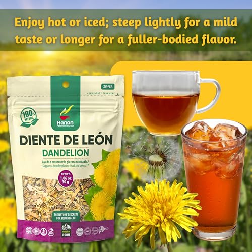 Hanan Dandelion Root Tea Loose Leaf – 100% Natural Diente de León Herbal Tea from Peru, Caffeine-Free Infusion for Digestive Support, Detox, Dried Leaves & Roots for Smooth Flavor, 1.06oz (30g)