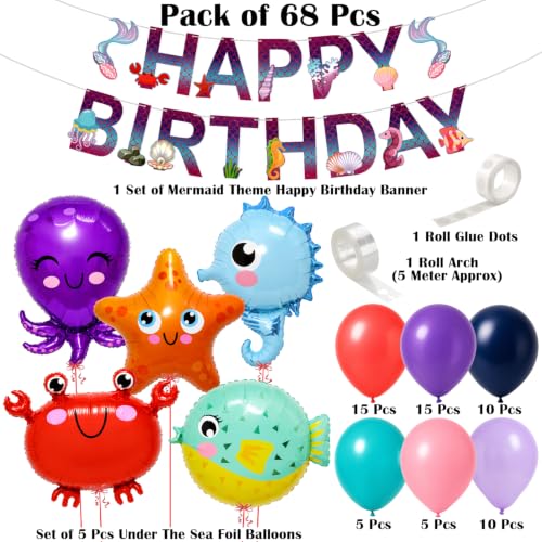 Image of Rozi Decoration Mermaid Theme Under the Sea Birthday Balloon Decoration Kit (Pack of 68)