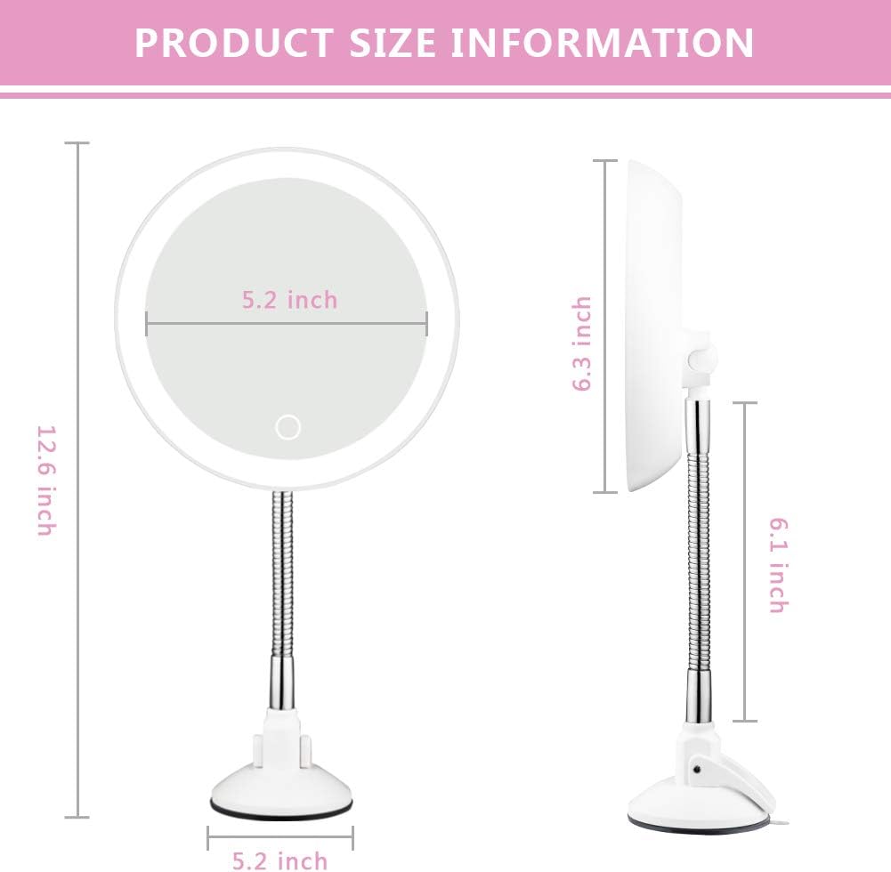 10X Magnifying Mirror with Light Makeup Mirror with Lights LED Lighted Makeup Mirror Vanity Mirror with Lights Flexible Gooseneck Mirror with Lights with Powerful Suction Cup -
