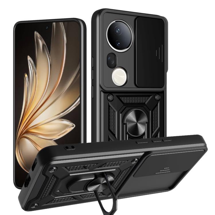 Image of SPAZY CASE Vivo T4 Ultra Back Cover | Heavy Duty Hybrid Case with 360 Degree Rotating Finger Ring Holder + Slider Shutter Camera Protection Case for Vivo T4 Ultra - Black